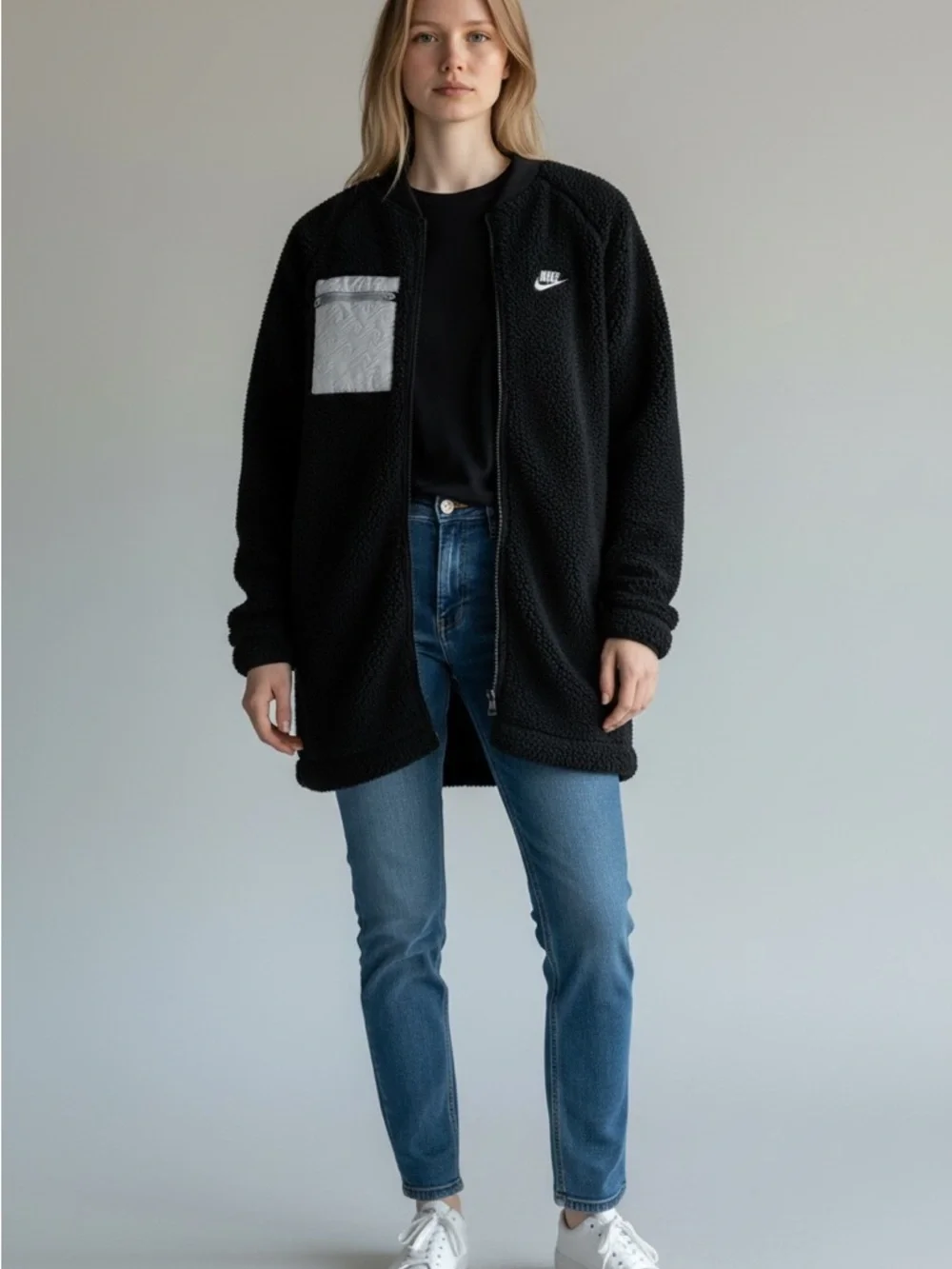 Nike Black Teddy Sherpa Zip Jacket with Light Gray Chest Pocket - Picture 2 of 4